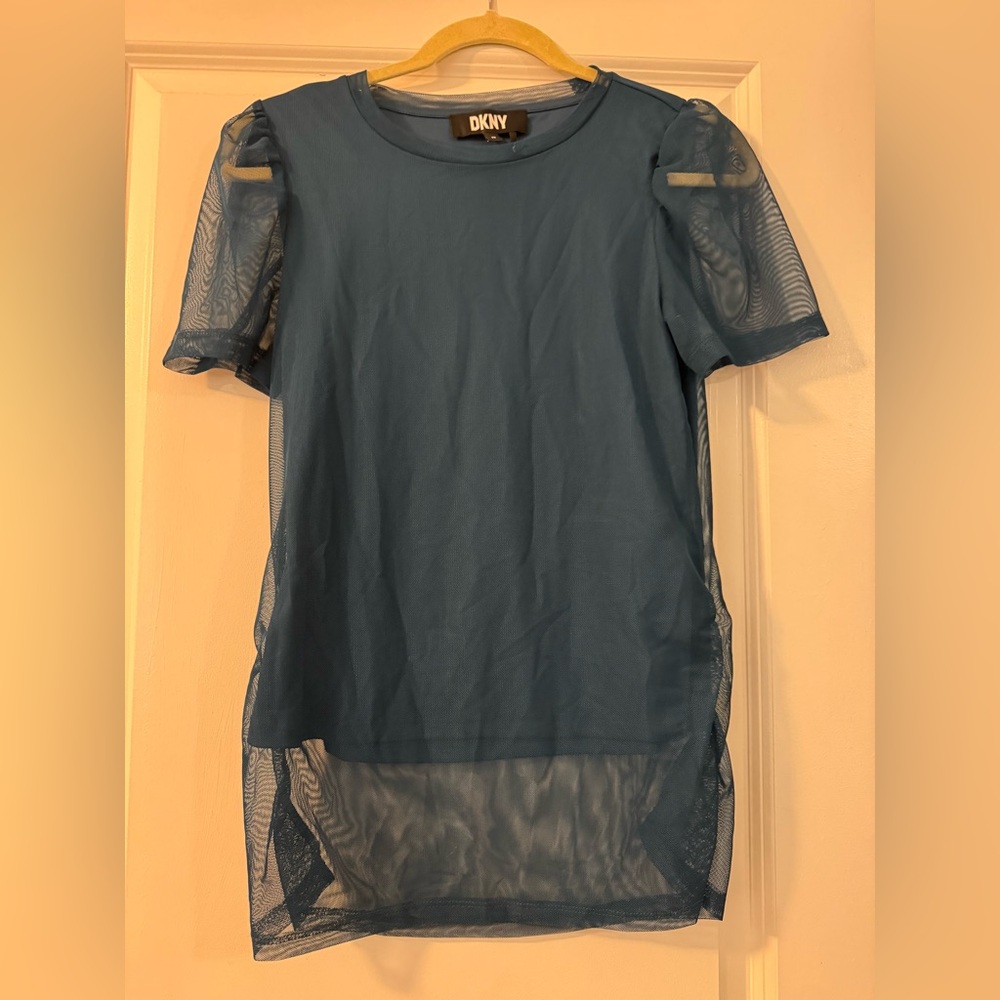 DKNY Teal Sheer Short Sleeve Blouse